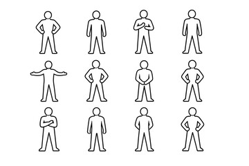 Obraz premium Body language confidence. Line icon set of Body language confidence: open chest posture, relaxed shoulders stance, eye contact pose, balanced weight stance,