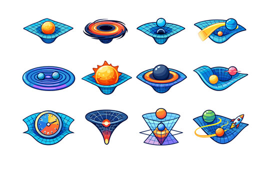 Gravity & Space-Time. Colorful isometric vector icons set of gravity & space-time: warped space grid, black hole, spacetime curvature, light bending, gravity