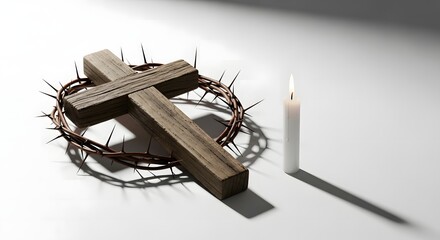 A symbol of faith and hope in the form of a wooden cross, a crown of thorns and a burning candle. The scene inspires a sense of reverence and reflection.