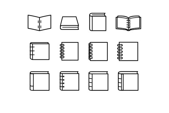 Binding Techniques. Line icon set of Binding Techniques: saddle stitch, perfect binding, case binding, coptic stitch, japanese stab binding, spiral binding,