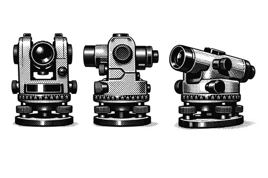Theodolite surveying instrument shown in front view, side view, and angled perspective with detailed optics, rotating base, and adjustment knobs accurately