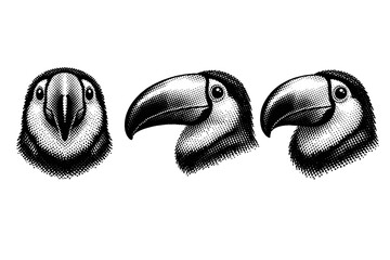 Obraz premium Toucan head with oversized curved beak and rounded skull shown in front view, side profile, and three-quarter angle with realistic avian proportions. Black and