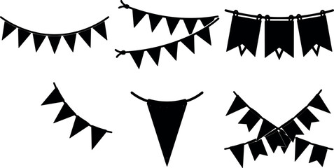 Fototapeta premium Flat design hanging pennant and bunting vector silhouettes in various shapes and angles on white background festive mood clean layout