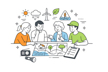 Community climate preparedness. A small group of people discussing plans around simple maps and icons of weather and nature. Cooperation, foresight, and shared