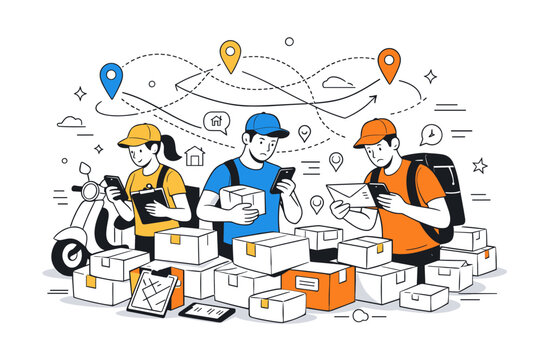 Last mile delivery chaos. Couriers surrounded by multiple packages and route lines, checking phones and addresses at the same time. Busy urban delivery moment