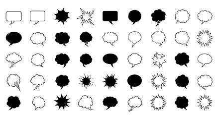 Fototapeta premium a large collection of diverse speech thought and comic bubbles in various black and white styles ideal for graphic design and communication projects.