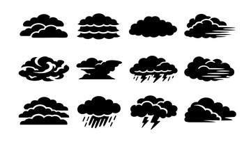 Storm Sky. Solid icon set of Storm Sky: overcast sky, layered storm clouds, low dark clouds, moving cloud mass, turbulent sky, pressure front clouds, stormy