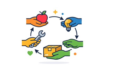 Fototapeta premium Community sharing economy focused on cooperation and efficiency with a visual metaphor of multiple hands or nodes exchanging items in a circular flow that