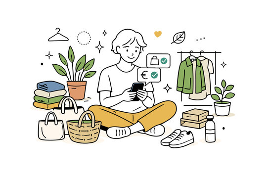 Vinted reseller sustainable lifestyle. A person checking sales notifications on a phone surrounded by clothes, plants, and reusable bags, expressing mindful