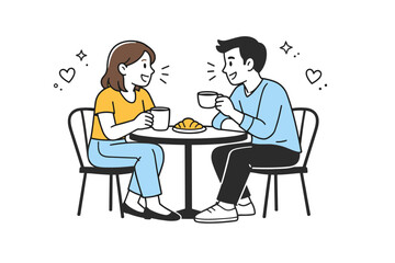 First date coffee. A couple sitting at a small cafe table, enjoying conversation with subtle laughter and eye contact. Cozy, friendly atmosphere with minimal