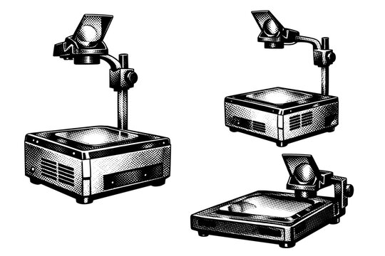 Overhead projector ? metal body office projector. A realistic office overhead projector presented as one object in three different views highlighting metal