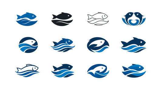 Sustainable fishing practices. Icon set. Set Logo of Sustainable fishing practices: ocean wave and fish. harmonious logo variations of the same emblematic