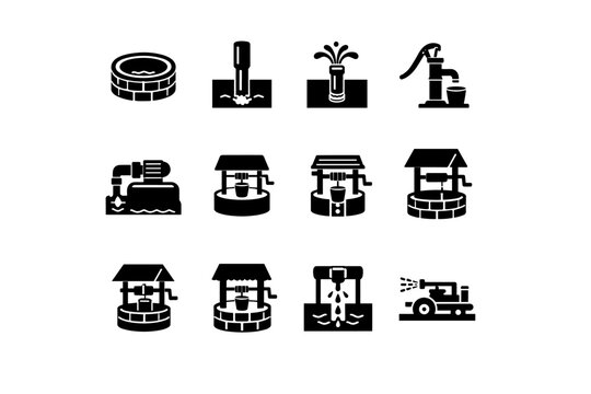 Water Well Types. Solid icon set of Water Well Types: dug well, drilled well, artesian well, hand pump well, motor pump well, shallow well, deep well, rural