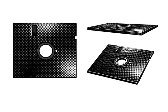 Floppy Disk ? .-inch diskette. A flexible .-inch floppy disk with thin square form and central hub opening, depicted as one consistent disk shown in three