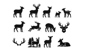 Fototapeta premium Deer. Solid icon set of Deer: deer silhouette, stag with antlers, doe, fawn, standing deer, running deer, grazing deer, deer head, antlers, forest deer, alert