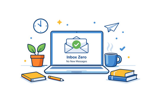 Inbox zero culture centered on a calm workspace with an empty email inbox and subtle checkmark symbols, conveying clarity, control, and mental relief through