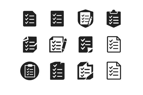 Software testing checklist. Icon set. Set Logo of checklist: checklist document. harmonious logo variations of the same emblematic concept, each with different