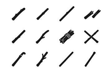 Naklejka premium Stick. Solid icon set of Stick: wooden stick, short stick, long stick, broken stick, straight stick, curved stick, stick bundle, crossed sticks, stick handle,