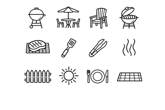 Barbecue on the Patio. Line icon set of Barbecue on the Patio: barbecue grill, patio table, outdoor chair, grill lid open, steak on grill, grill spatula, tongs