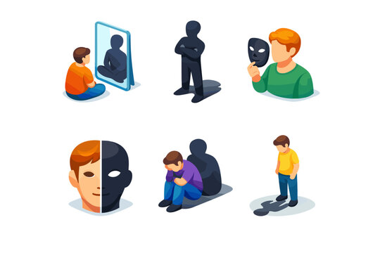 shadow self. Isometric flat vector icons set of shadow self: mirrored figure, dark silhouette, hidden mask, half-lit face, introspective person, shadow