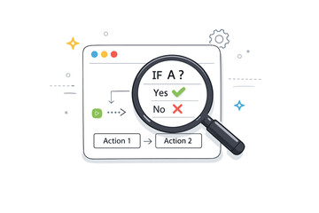Naklejka premium Decision logic visibility. A magnifying glass highlighting simple rules and symbols inside an algorithm card, representing inspection and understanding.