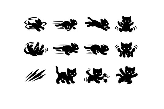 Kitten Energy. Solid icon set of Kitten Energy: zoomies motion, sprinting kitten, leaping jump, bouncing pose, playful spin, quick dash, pounce
