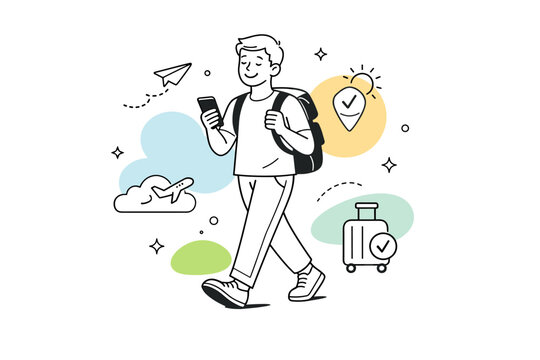 Travel tech anxiety resolution. A traveler finally relaxed after successfully using travel apps, smiling while walking forward with phone in hand. Calm relief