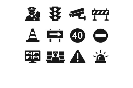 Traffic Control. Solid icon set of Traffic Control: traffic police, traffic signal box, control camera, road barrier, cone barrier, detour sign, speed limit