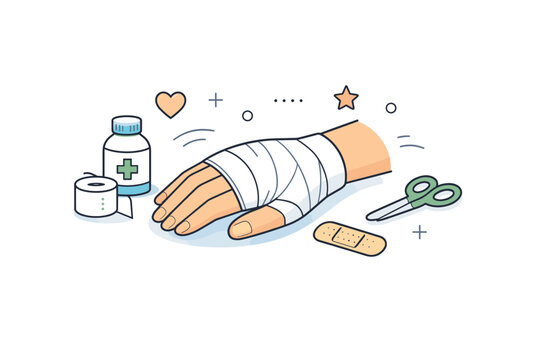 Bandaged hand and first aid care. A calm editorial scene showing a hand wrapped in a clean bandage, resting gently in a neutral position. Sense of care,