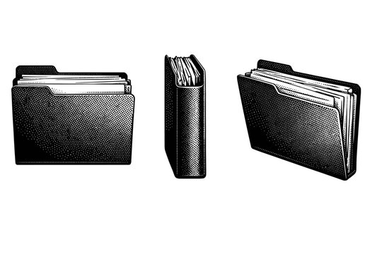 Paper folder with inserted documents A realistic paper folder containing stacked documents shown as a single object in three views including front, side, and