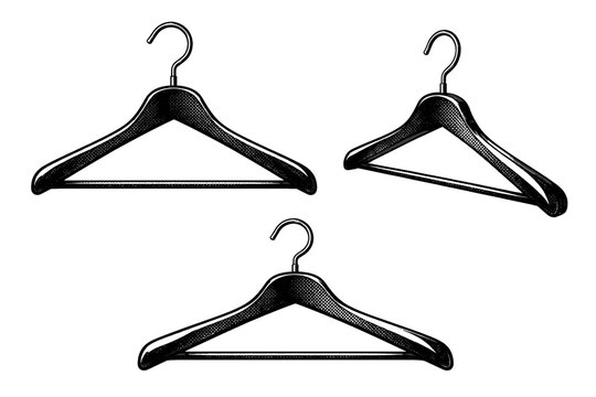 Clothes hanger, a realistic clothes hanger shown from front view, side profile, and angled perspective as three object representations with accurate hook