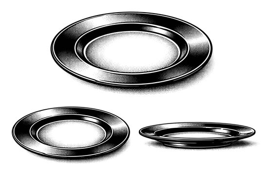 Plate ? decorative charger plate with wide flat rim shallow center and bold structural proportions depicted as a single object. Black and white dot style with