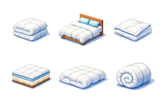 Cozy Duvet. Isometric flat vector icons set of Cozy Duvet: folded duvet, fluffed duvet on bed, duvet corner detail, stitched duvet layers, duvet with soft