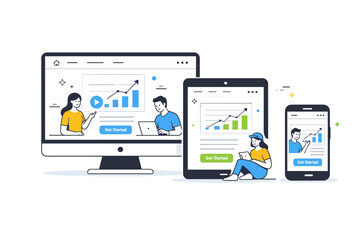 Responsive design concept. Multiple device screens aligned together, consistent interface adapting across desktop, tablet, and mobile, sense of flexibility and