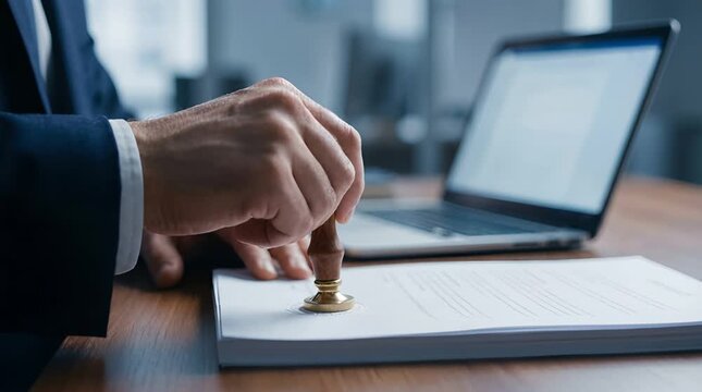 Man Stamping Document with Golden Stamp Against a Laptop on Wooden Table in Office Setting