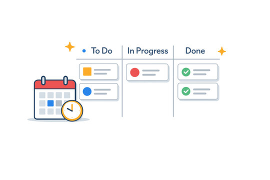 Personal productivity kanban board depicted with simple task cards and a small calendar icon to express daily planning and workload balance. The illustration