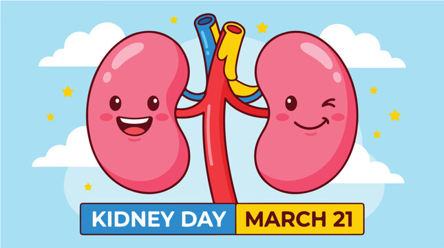 Illustration of two smiling cartoon kidneys with a red ureter on Kidney Day, March 21, against a light blue background with clouds