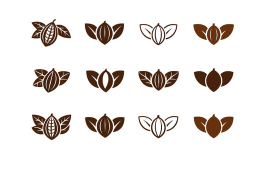 chocolate. Icon set. Set Logo of chocolate: cocoa leaf. harmonious logo variations of the same emblematic concept, each with different artistic interpretation