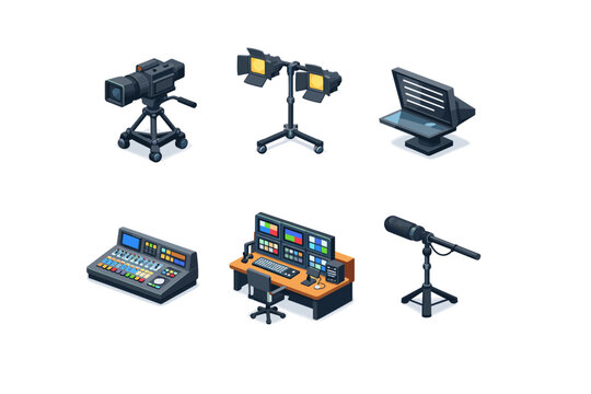 BroadcastStudio. Isometric flat vector icons set of BroadcastStudio: TV studio camera, studio lighting rig, teleprompter screen, sound mixing console, director