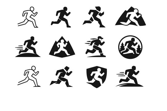 Outdoor bootcamp training. Icon set. Set Logo of bootcamp: person running. harmonious logo variations of the same emblematic concept, each with different