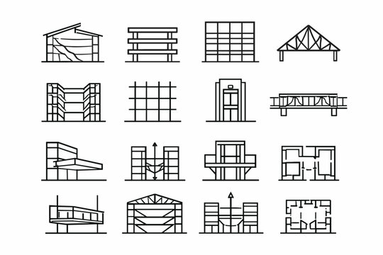 Atrium Architecture. Line icon set of Atrium Architecture: atrium section view, multi level floors, glass facade, steel beams, roof truss, open void space,
