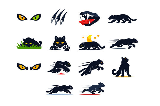 Ruthless hunters. Colorful flat vector icons set of Ruthless hunters: predator eyes, sharp claws, fangs bite, stalking silhouette, ambush pose,