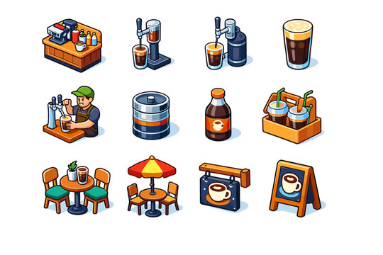 Coffee Shop Cold Brew. Colorful isometric vector icons set of Coffee Shop Cold Brew: cafe counter, cold brew tap, nitrogen tap, nitro cold brew glass, barista