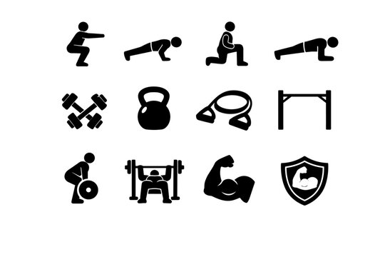 Strength Tabata. Solid icon set of Strength Tabata: bodyweight squat, push up, lunges, plank, dumbbell, kettlebell, resistance band, pull up bar, deadlift,