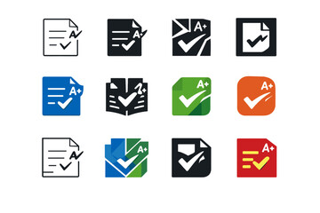Naklejka premium Student assessments. Icon set. Set Logo of assessment: grade sheet. harmonious logo variations of the same emblematic concept, each with different artistic