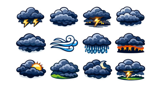 Dark Clouds Overhead. Colorful isometric vector icons set of Dark Clouds Overhead: storm clouds, heavy cloud cover, lightning bolt, distant thunder, overcast
