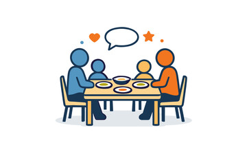 Fototapeta premium Family life shared meals concept shown as a small dining table with multiple plates and simple silhouettes, symbolizing unity, routine and communication.