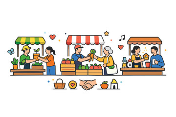 Fototapeta premium Community local market scene featuring people exchanging goods at small stalls with fruits, plants, and tiny decorative icons, representing interaction,