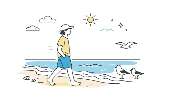 Beach life morning walk. A person strolling barefoot along the shoreline with gentle waves and seabirds nearby, expressing slow pace and fresh start of the