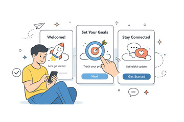 Mobile app onboarding. A friendly first-time user experience with a person swiping through onboarding screens on a smartphone, showing clarity and simplicity.